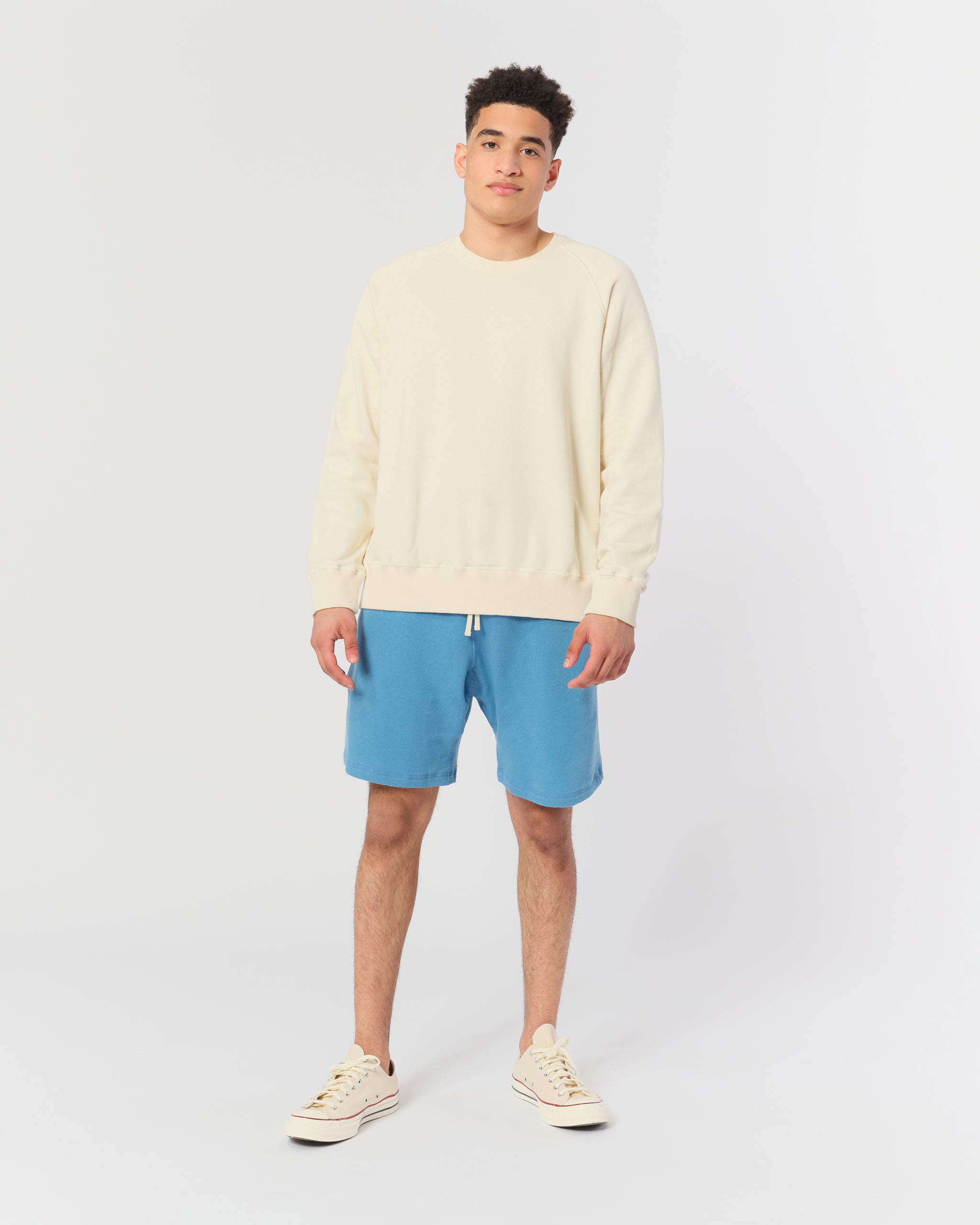 Solid Blue French Terry Cotton Sweat Shorts Shot on Model
