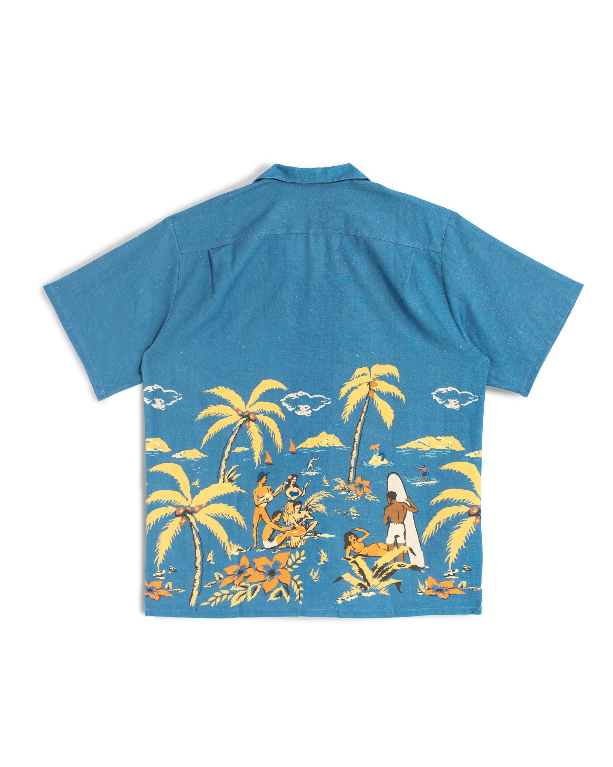 back shot of blue linen Hawaiian inspired beach scene camp collar shirt