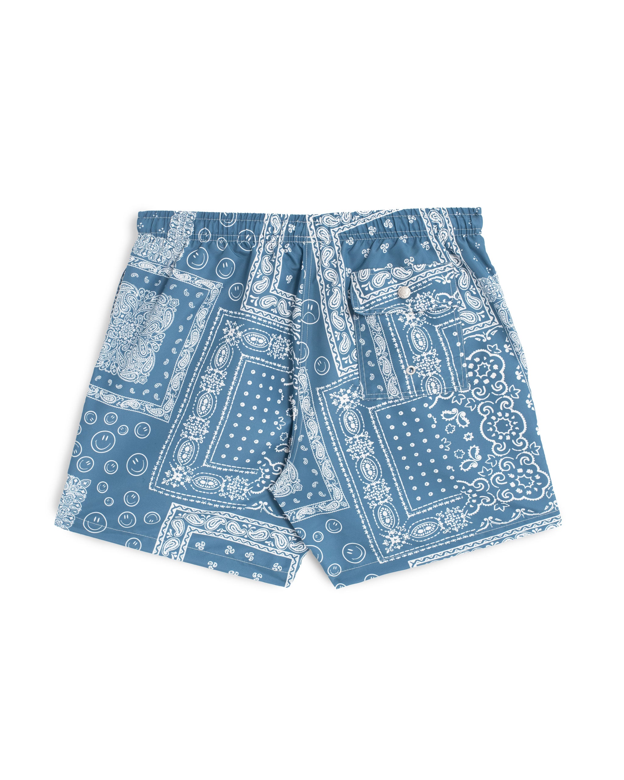 Back Shot of Blue swim trunk with all-over bandana print