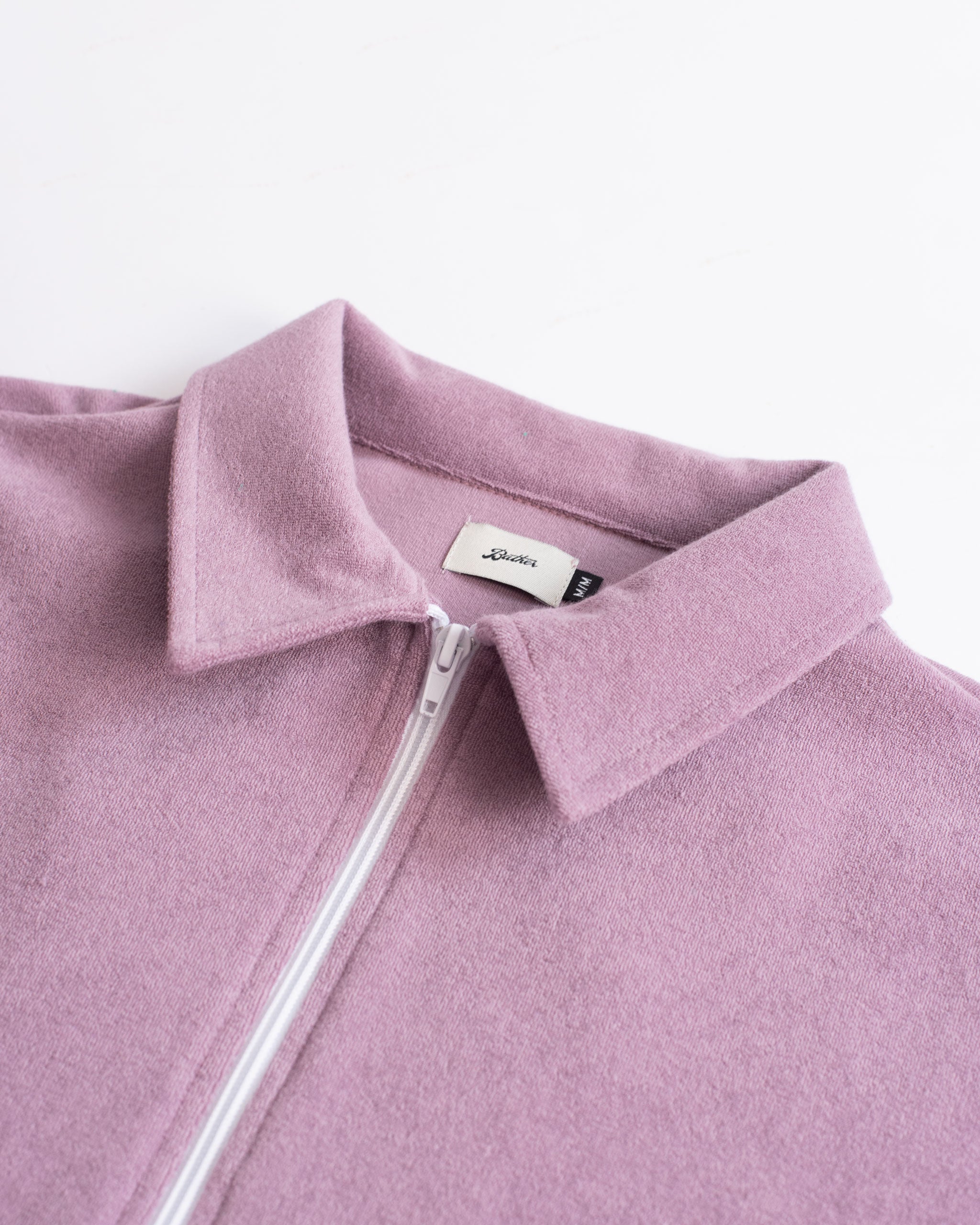 Collar close up shot of Purple Heather Terry Cotton Full-Zip Polo Shirt