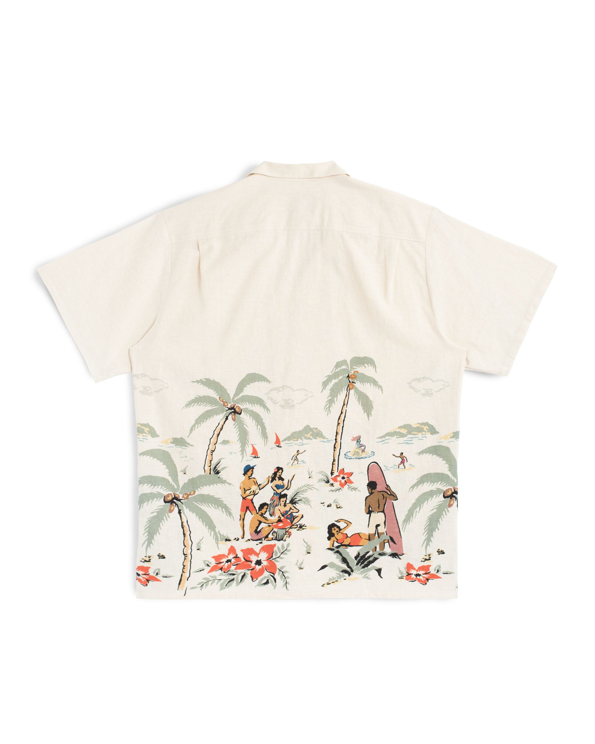 back shot of White linen camp shirt with a Hawaiian-inspired beach scene print