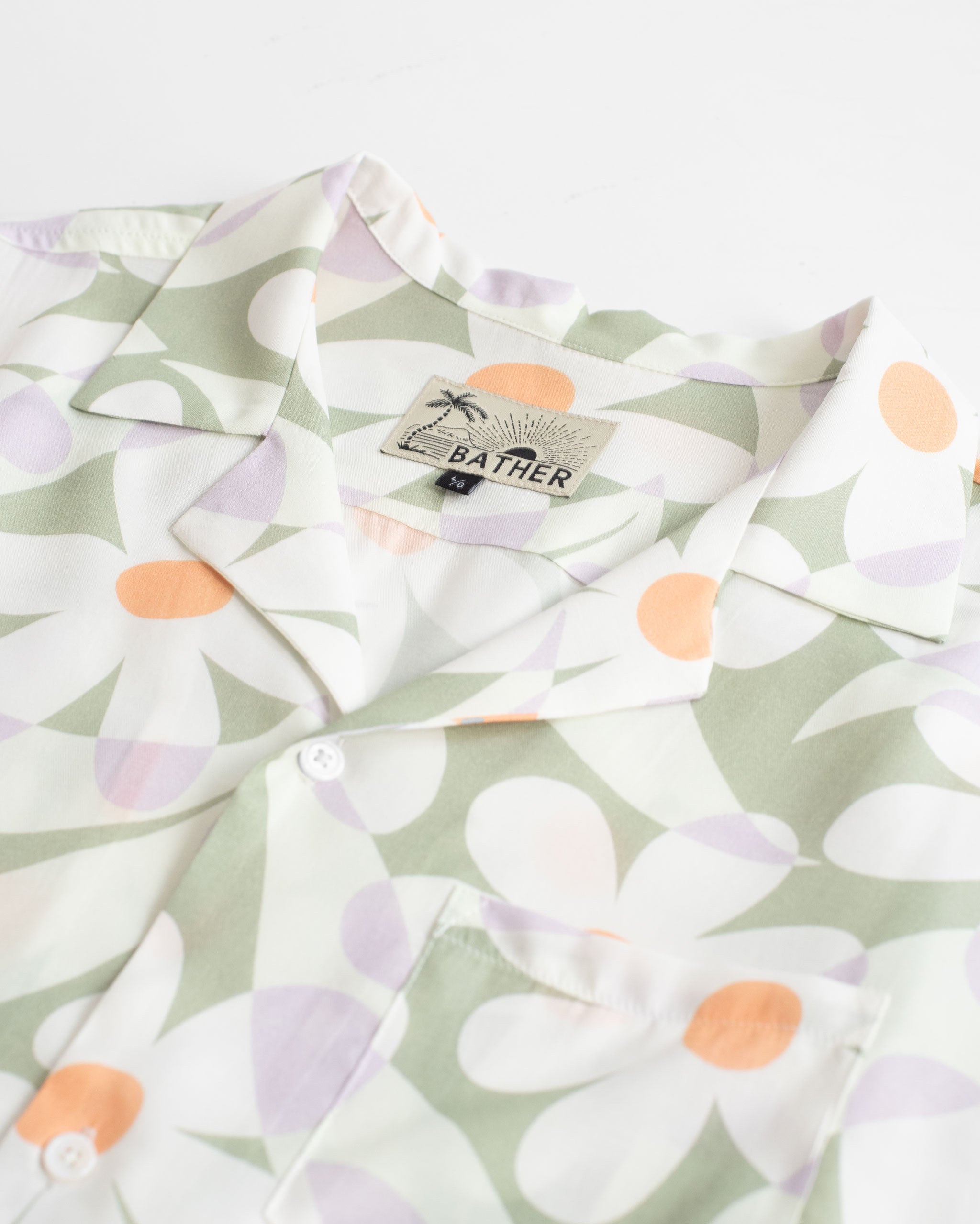 Collar Close Up of Sage Green Daisy All Over Print Camp Collar Shirt