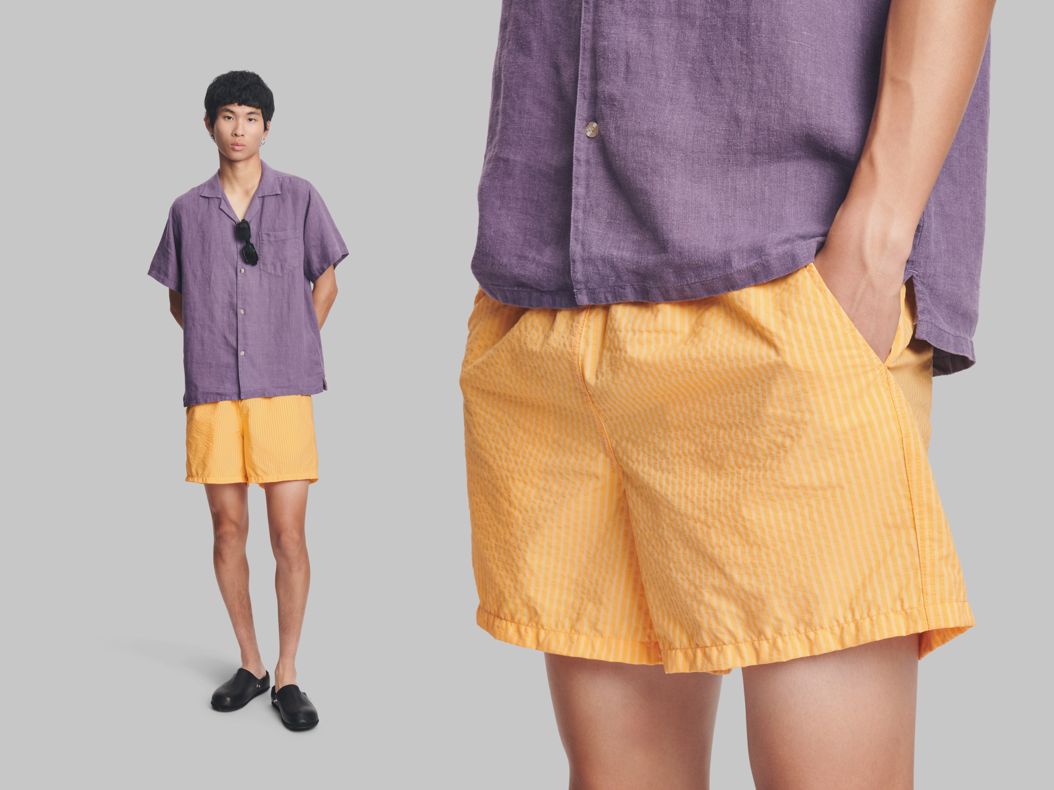 Man wearing the Sun Seersucker Modern Trunk and Grape Linen Camp Shirt