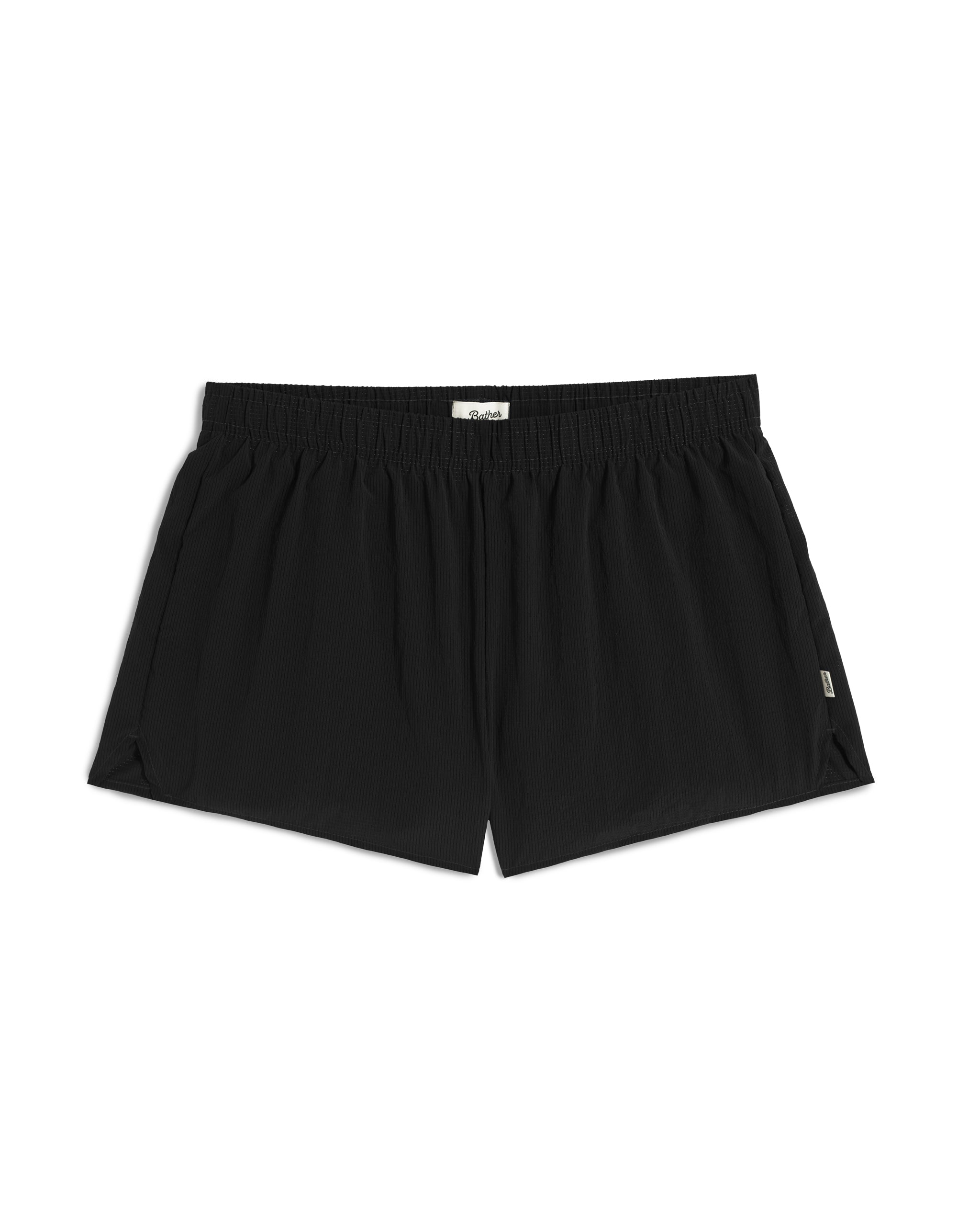 Front view of 3.5 inch inseam Bather Active Trunk in black featuring lightweight recycled Japanese DotAir nylon with stretch fabric and compression liner