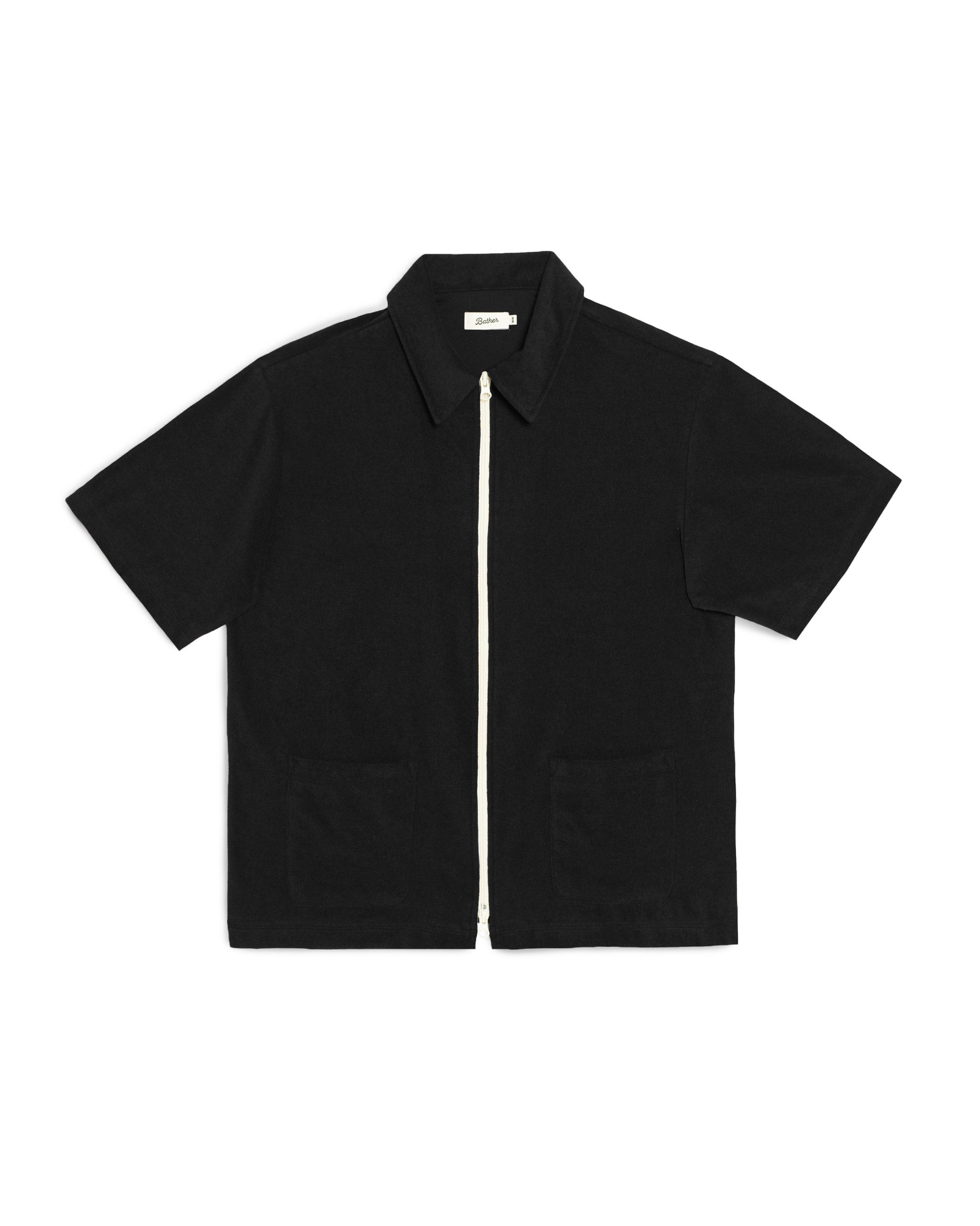 Bather black terry zip polo on white background