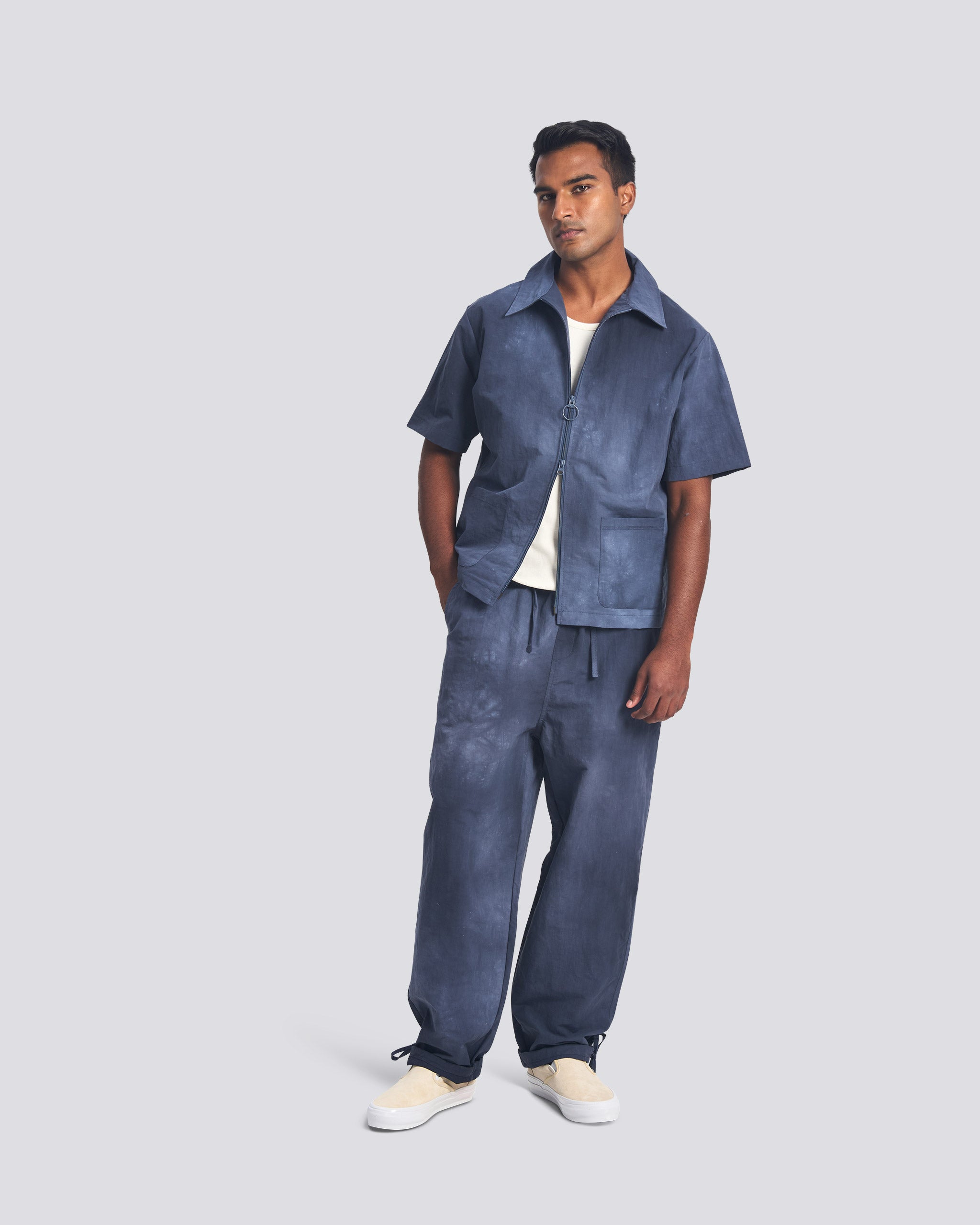 BATHER Blue zip polo shirt on male model