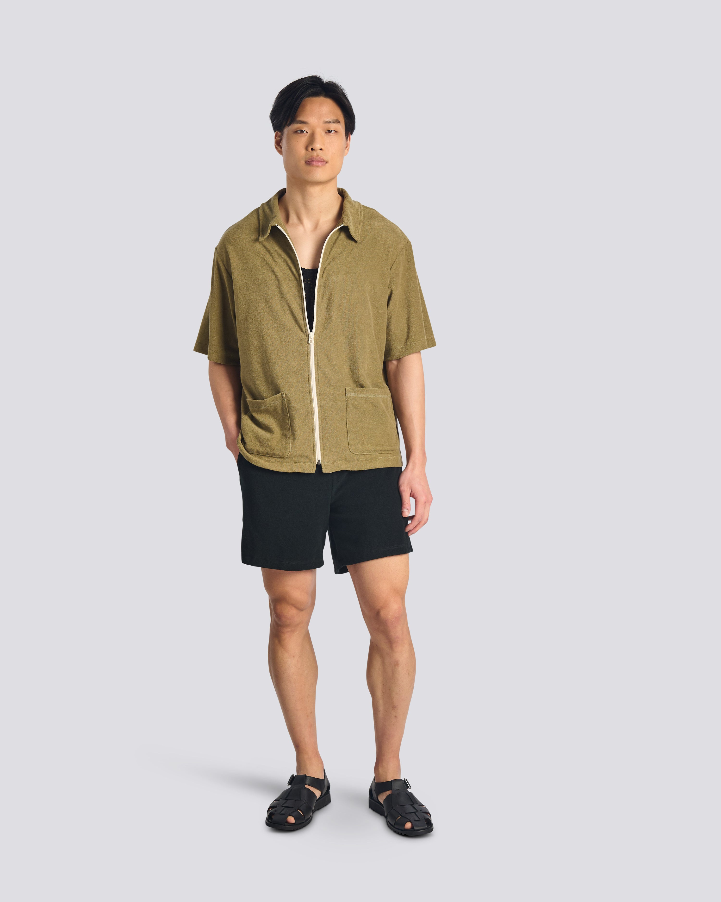 BATHER GREEN zip polo shirt on male model