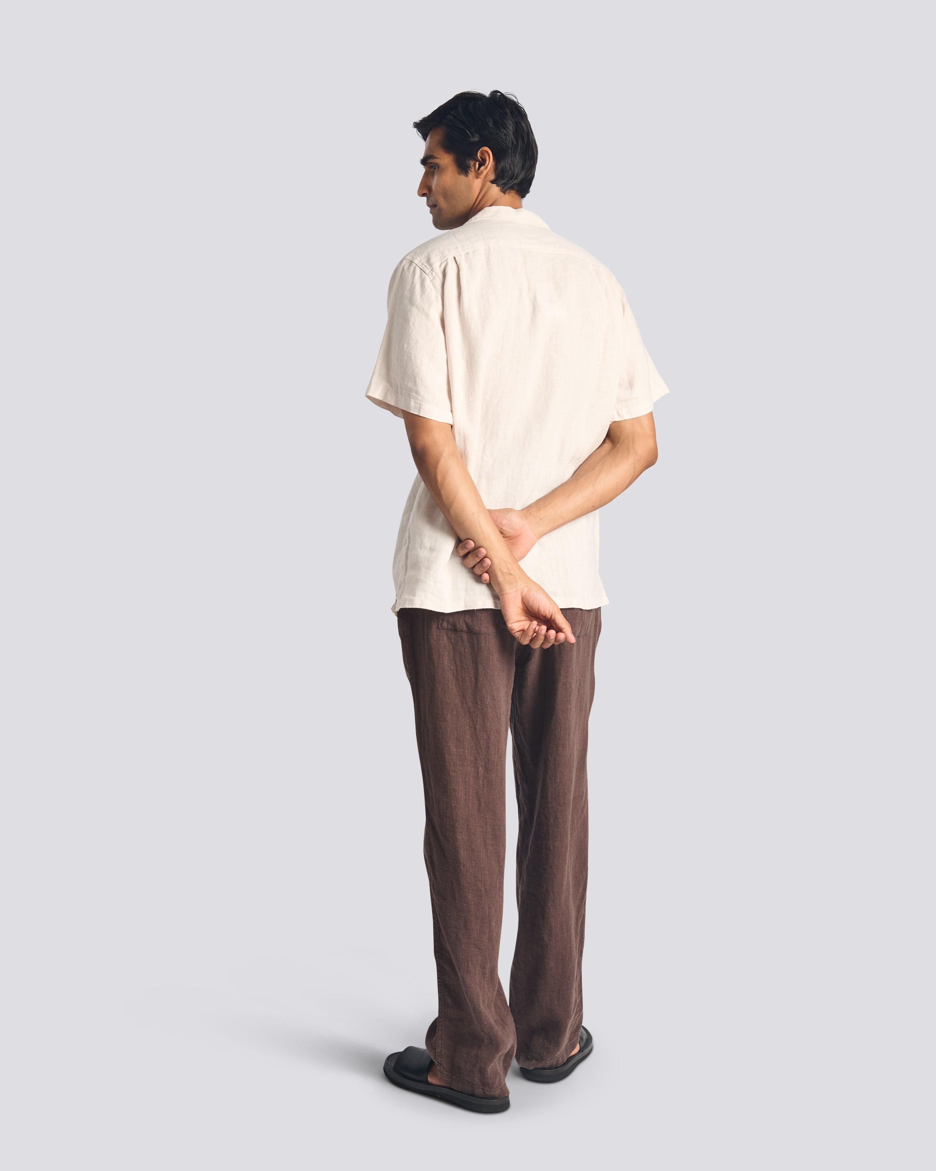 Bather brown linen leisure pant worn by model on white background