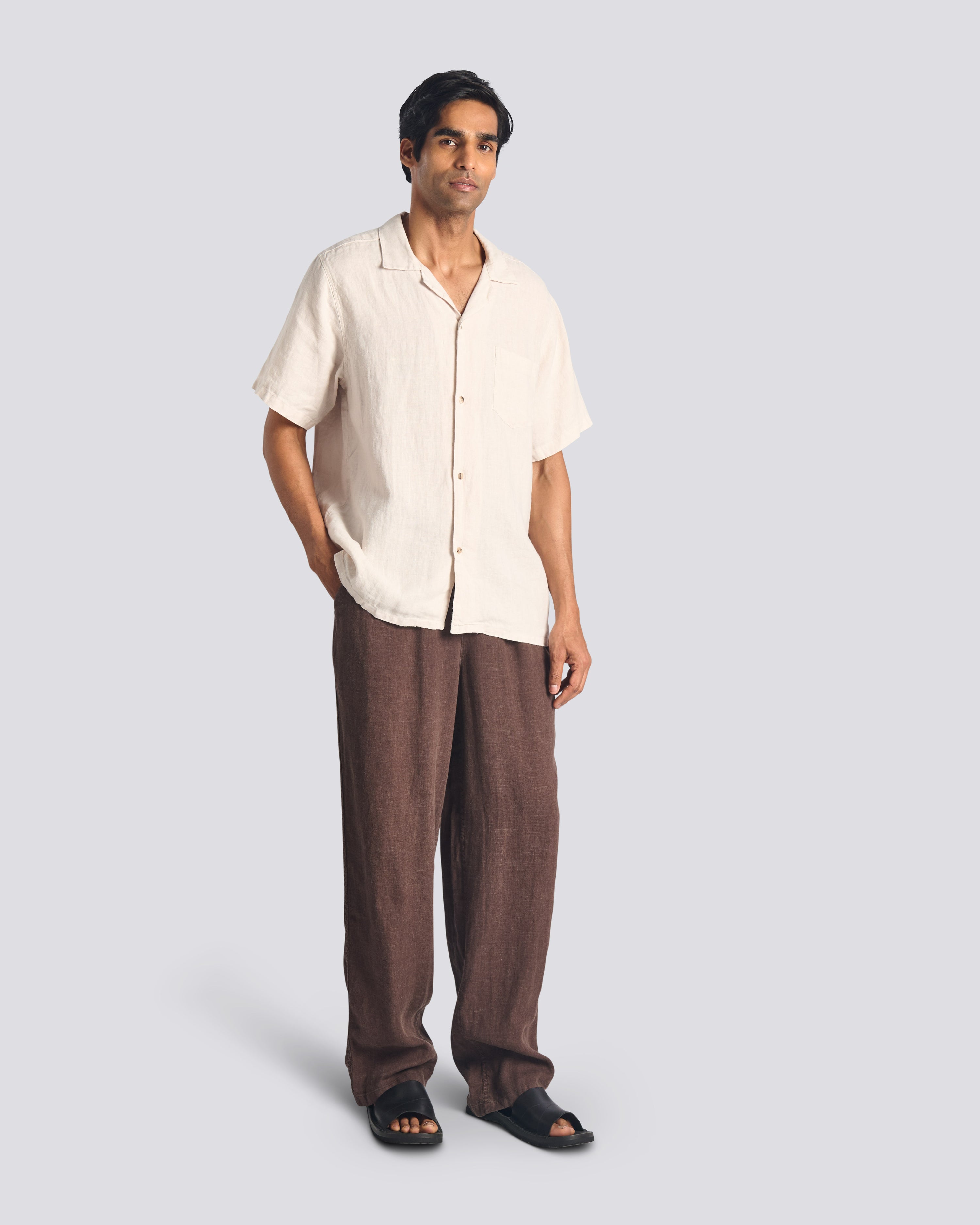 Bather brown linen leisure pant worn by model on white background