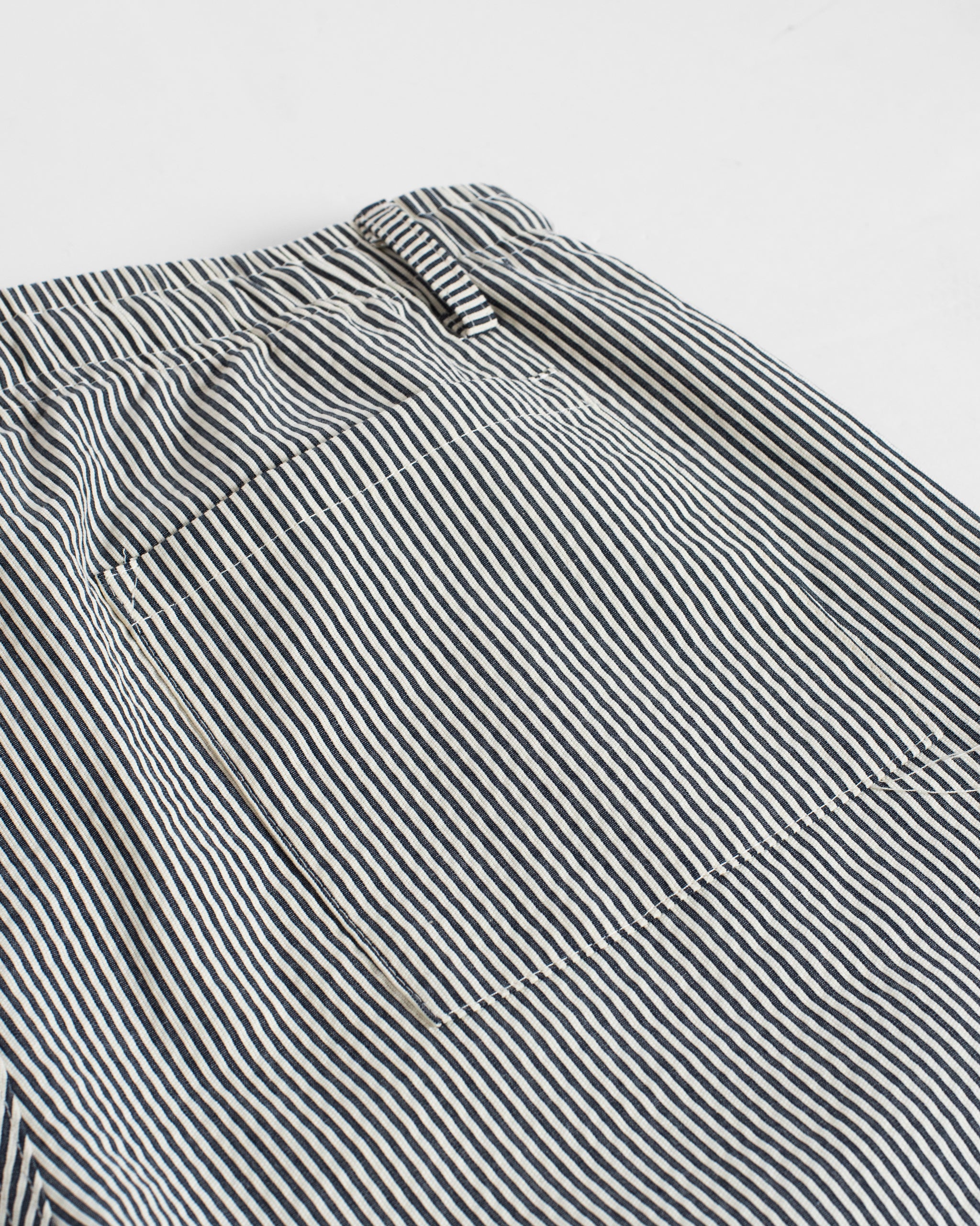 Bather men's navy pinstripe drawstring pant pocket detail on a white background