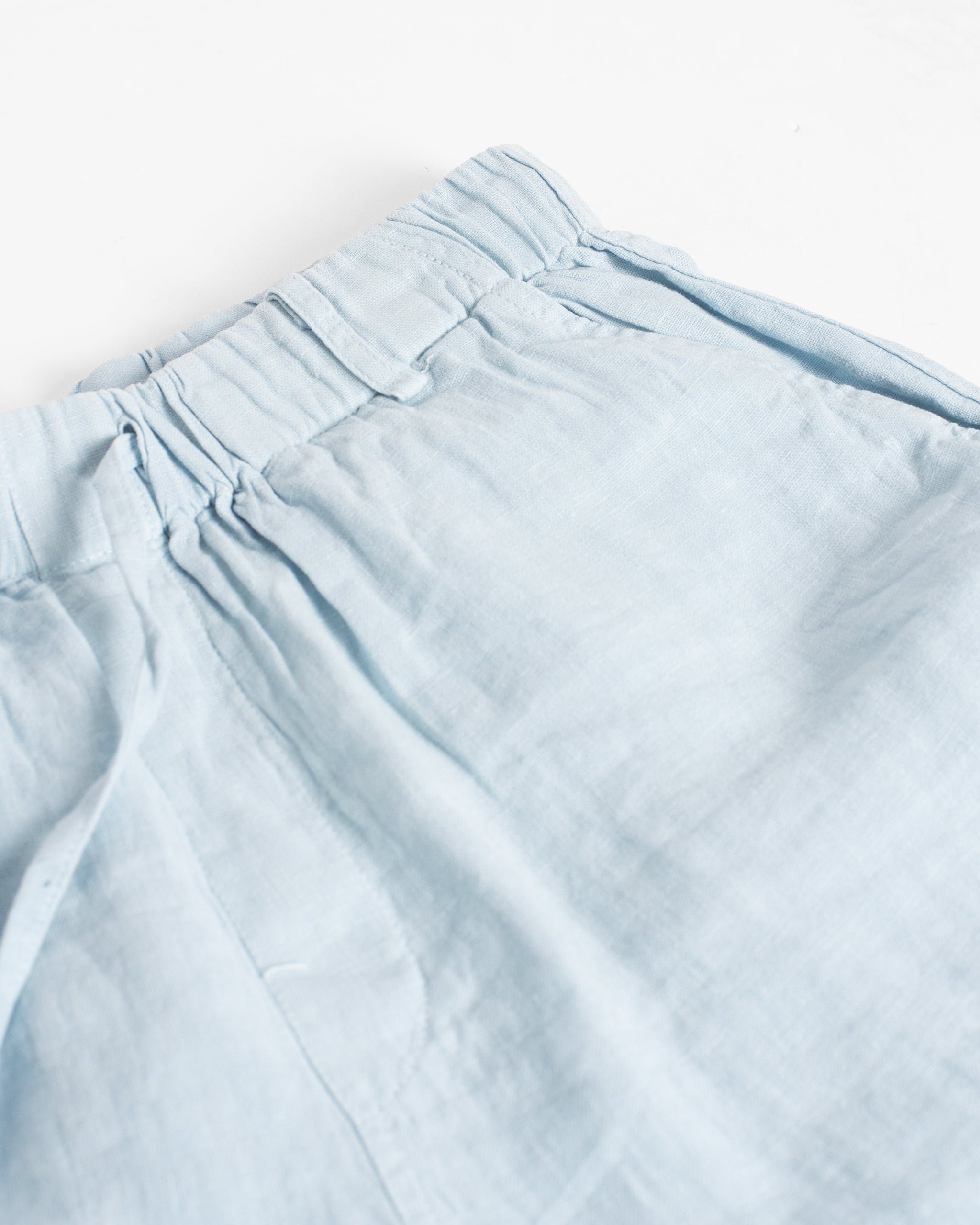 Closeup of waistband on Bather men's light blue linen shorts