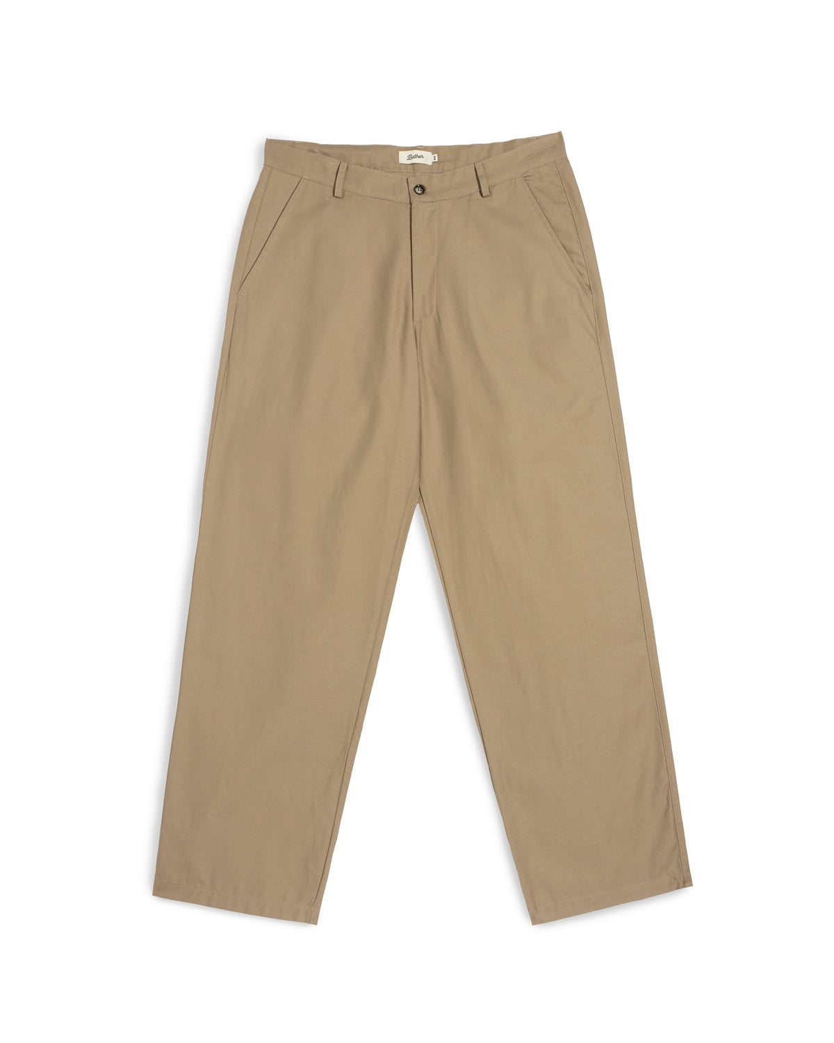 A pair of khaki-colored chino pants laid flat against a solid white background.