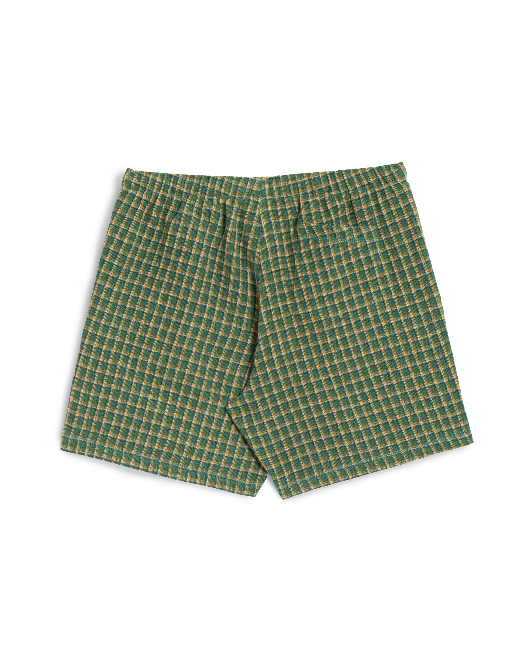 Back view of Bather men's green and yellow check drawstring shorts