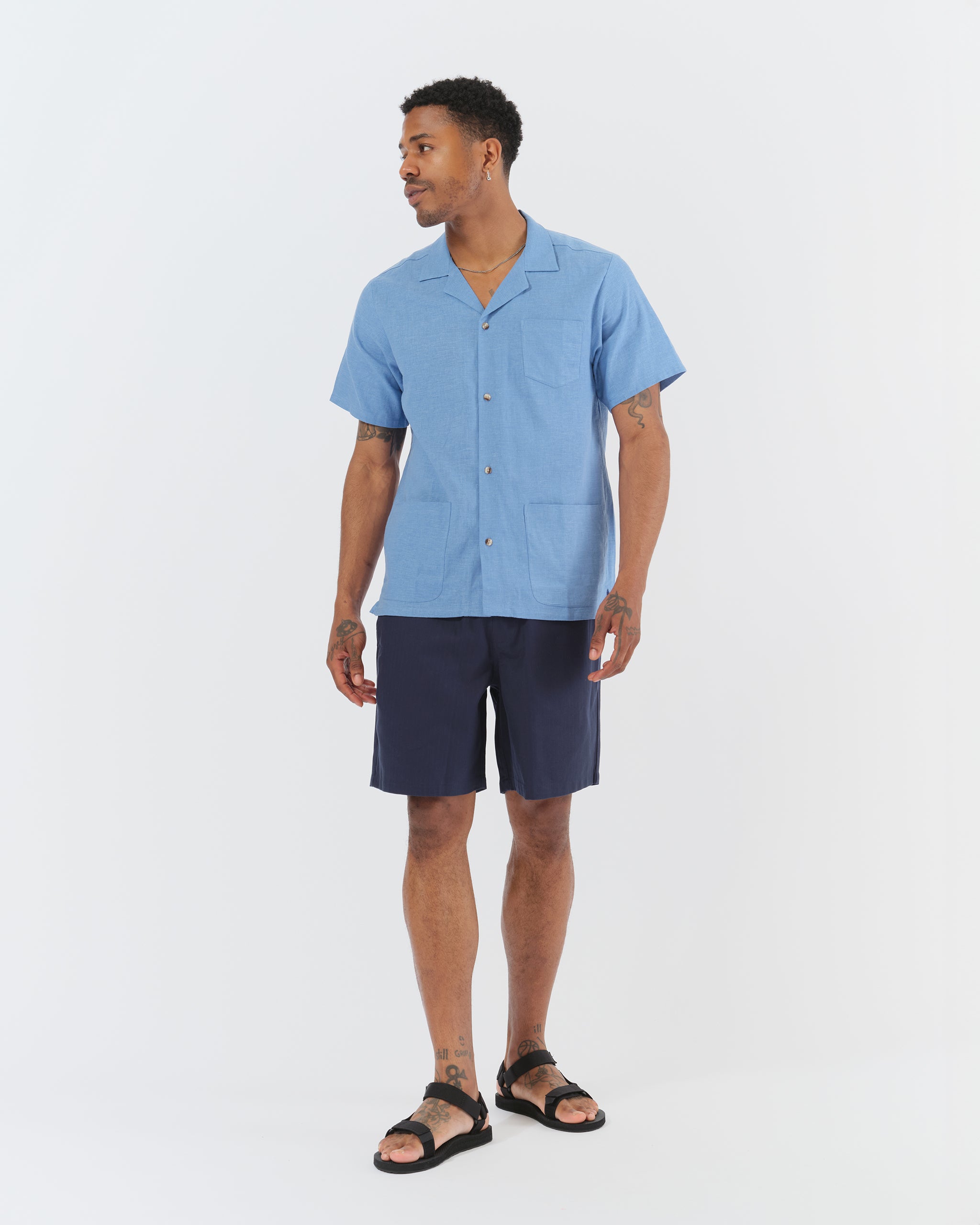 Model wearing Bather men's navy herringbone leisure shorts