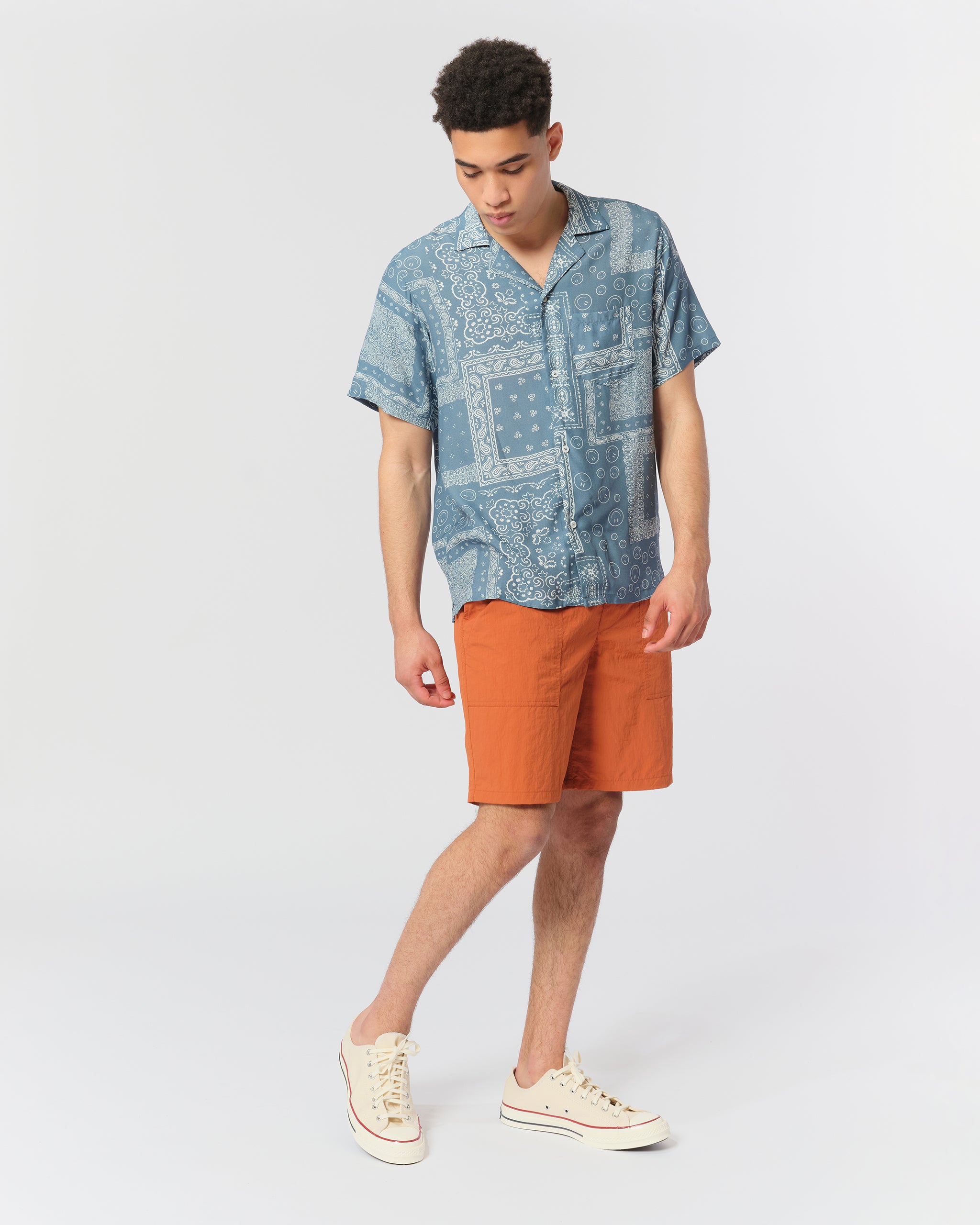Model wearing Bather men's orange utility short