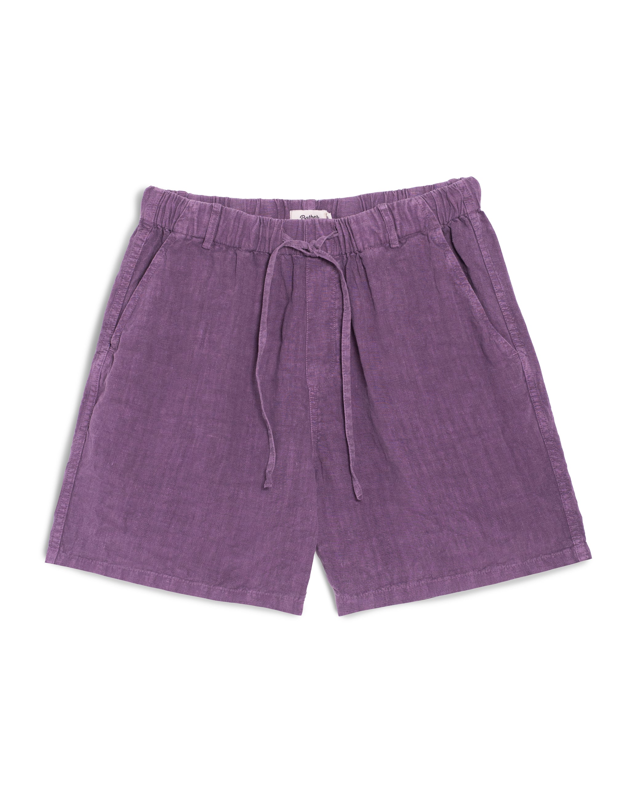 Bather men's purple linen drawstring shorts on a white background