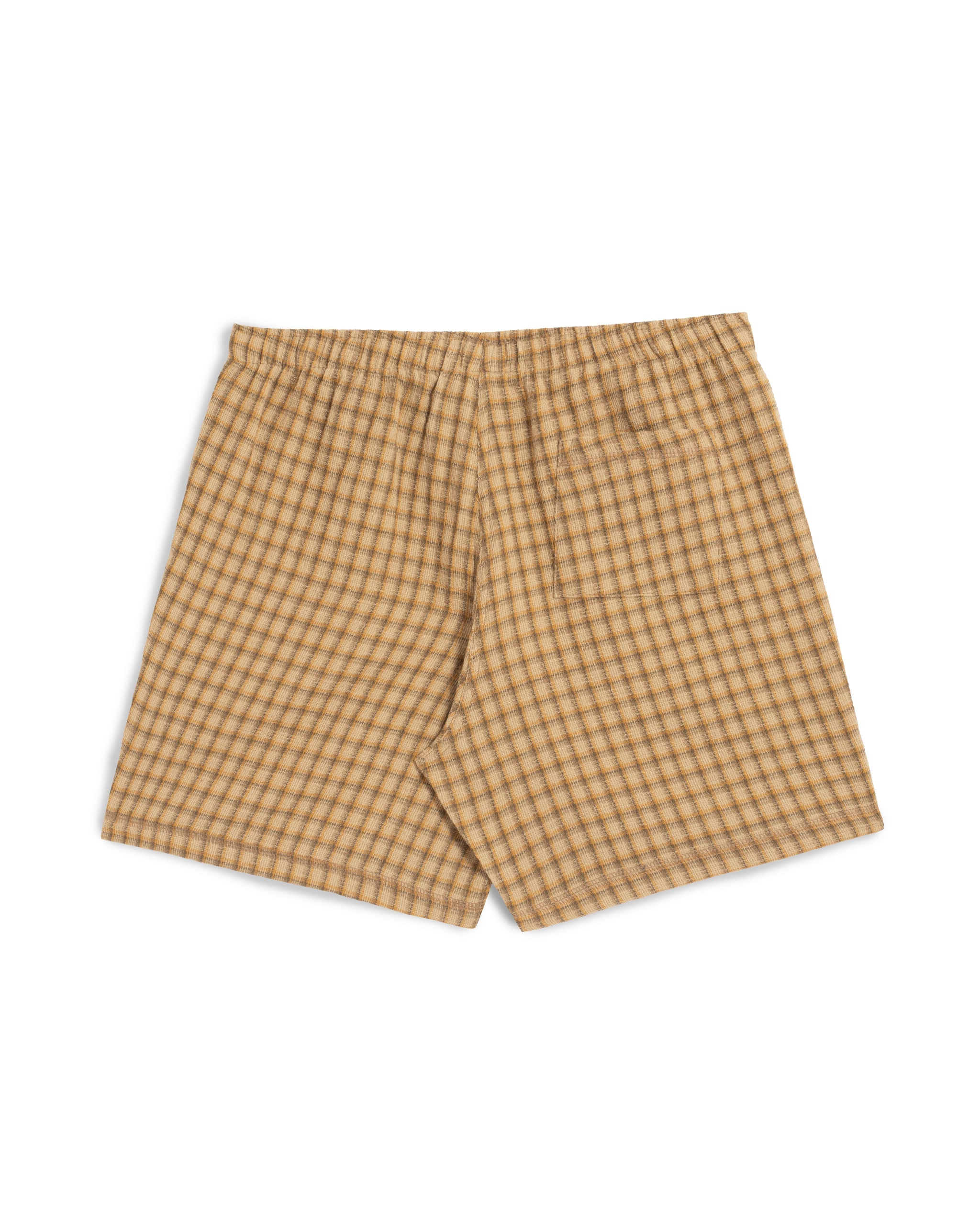 Back view of Bather men's beige plaid drawstring shorts