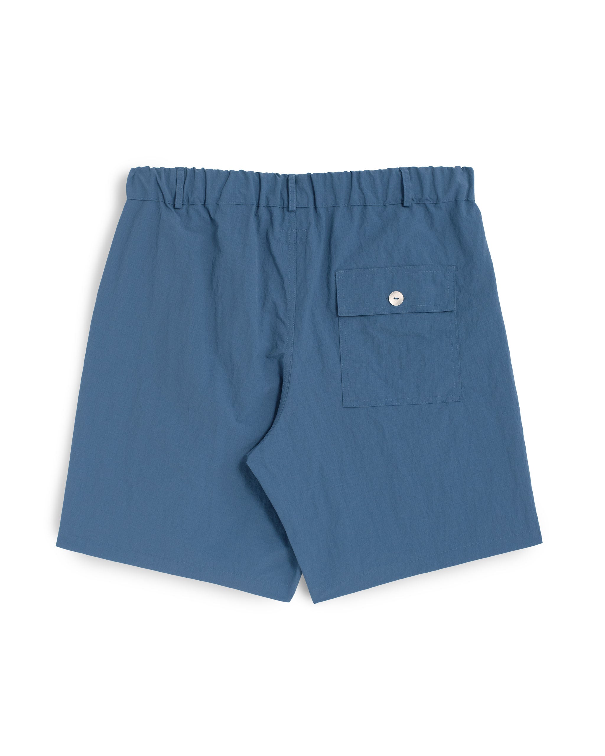 Back shot of Blue utility shorts in 100% nylon