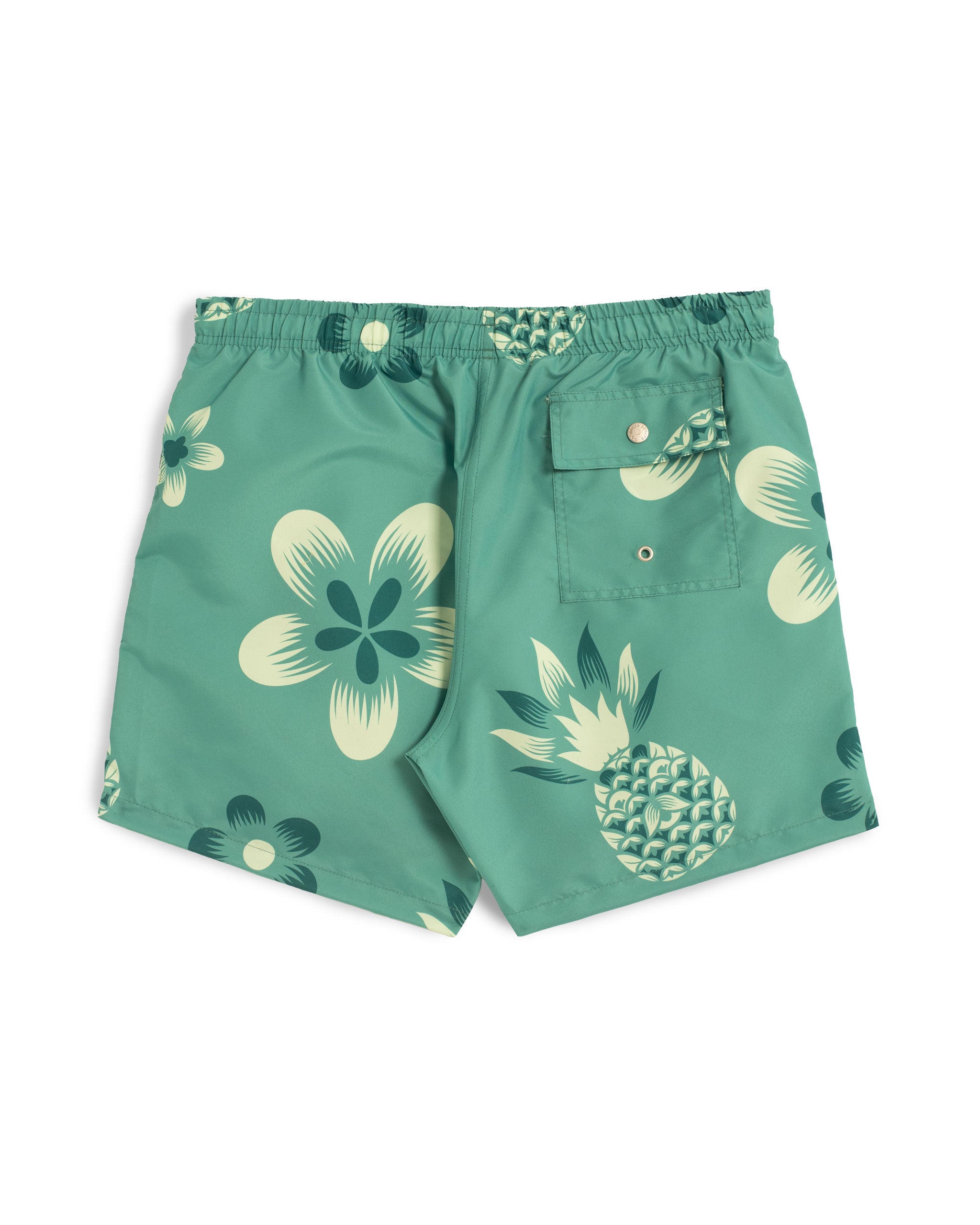 Back shot of Green Hemlock Coastal Floral Swim Trunk