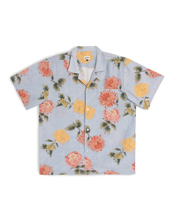 blue Bather camp shirt with red and yellow floral motif
