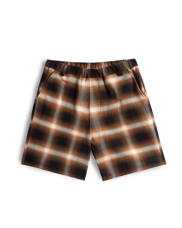 bronze Bather leisure shorts with large white checkered pattern. Has hidden elastic waistband and belt loops