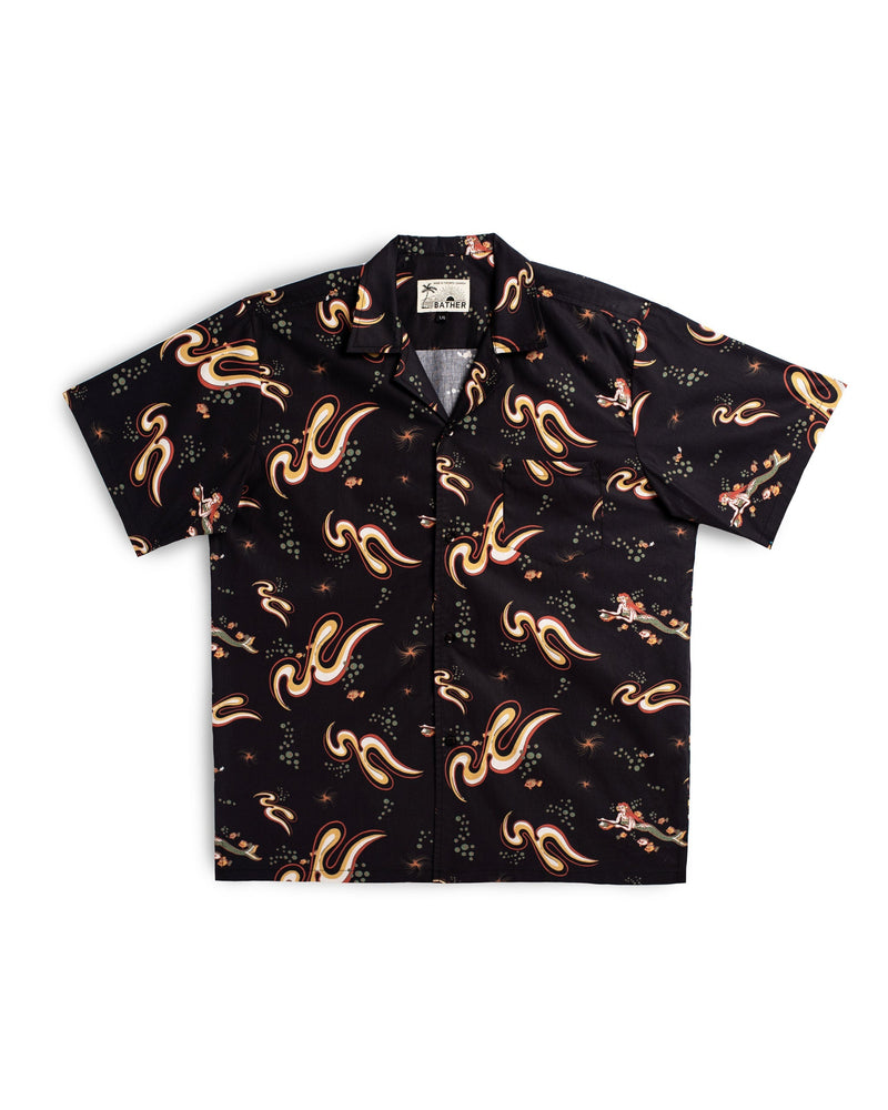 Black Bather camp shirt with siren pattern