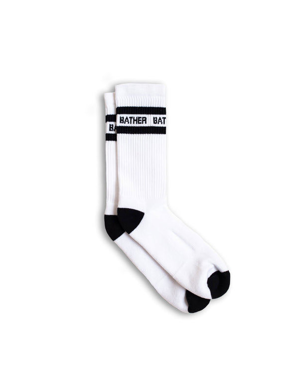 white Bather socks with 2 black stripes