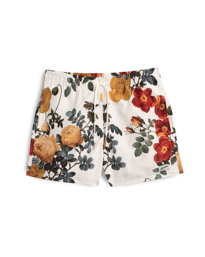 white Bather swim trunk with red and yellow floral pattern 