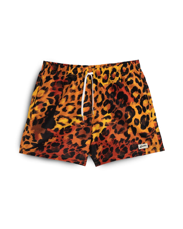 orange Bather swim trunk with a black leopard pattern 