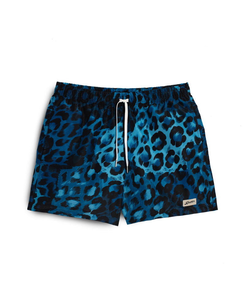 blue Bather swim trunk with black leopard pattern