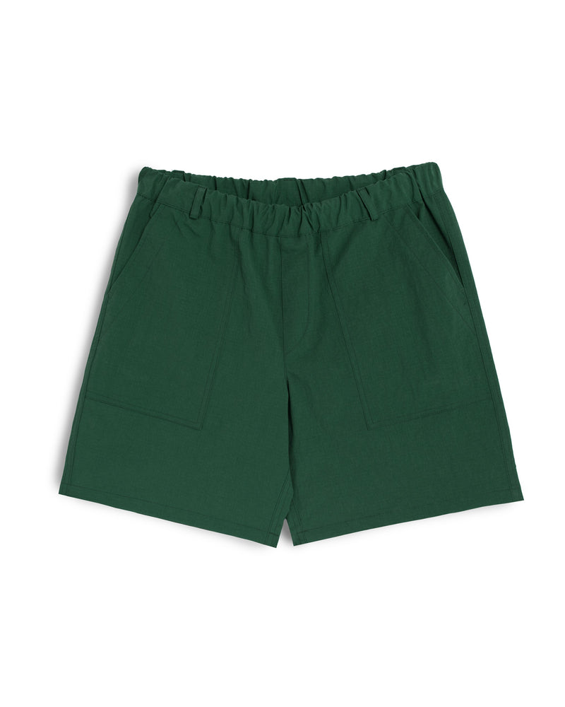 pine green Bather utility shorts with hidden elastic waistband and belt loops