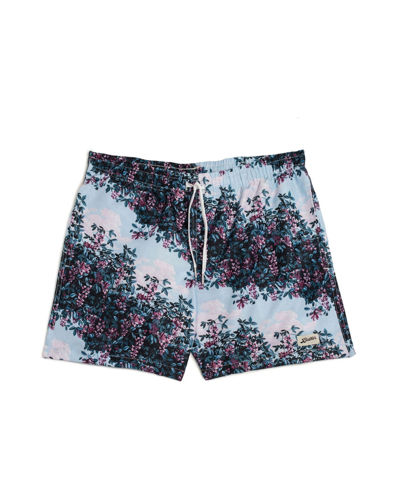 purple and blue Bather swim trunk with pepperbush floral pattern