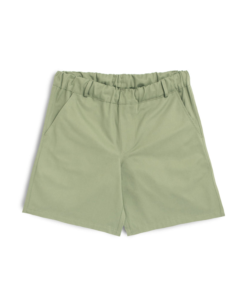 sage green Bather leisure short with hidden elastic waistband and belt loops