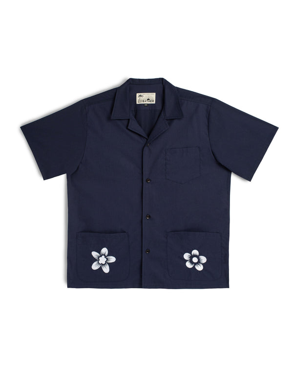 navy Bather camp shirt with embroidered flower on each pocket 
