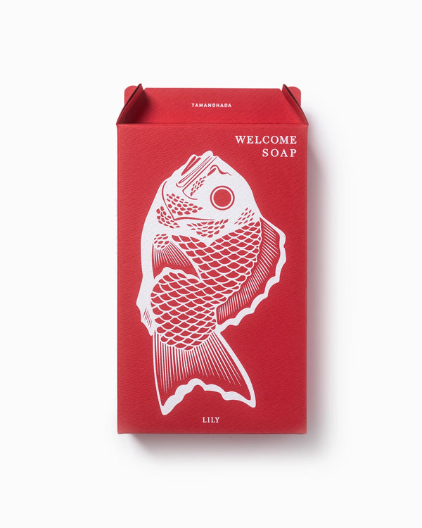 Red packaging of fish-shaped soap sold on Bather