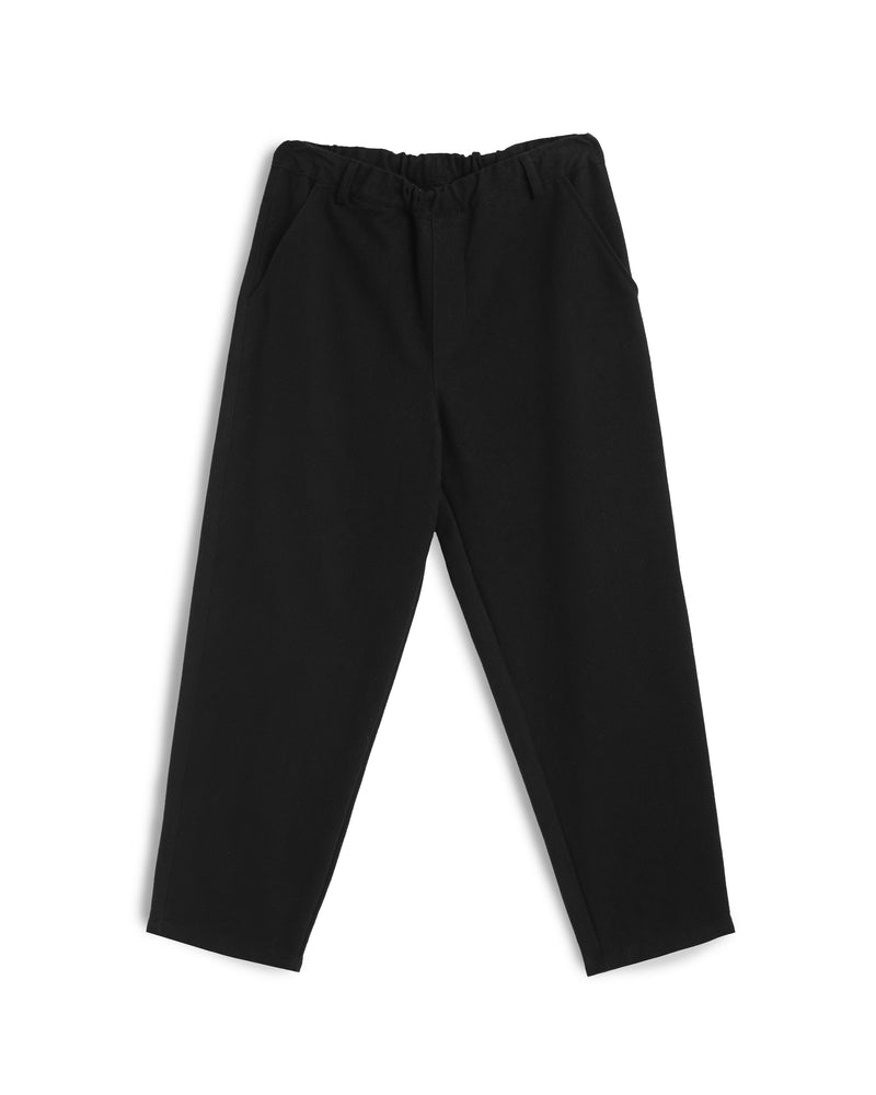 Black bather trousers with elastic waistband and belt loops