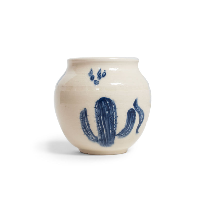 image of ceramic vase with a hand painted cactus flower. handmade by Daniel Dooreck