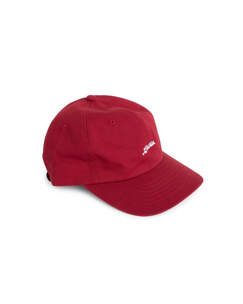 red Bather 6 panel hat with embroidered logo